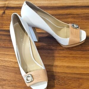 Nine West White and Tan Buckle Heels